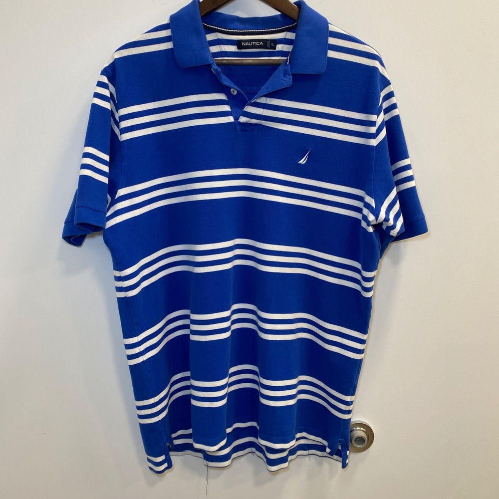 Nautica Mens Polo Shirt XL Blue Striped Short Sleeve Nautical Preppy Coastal